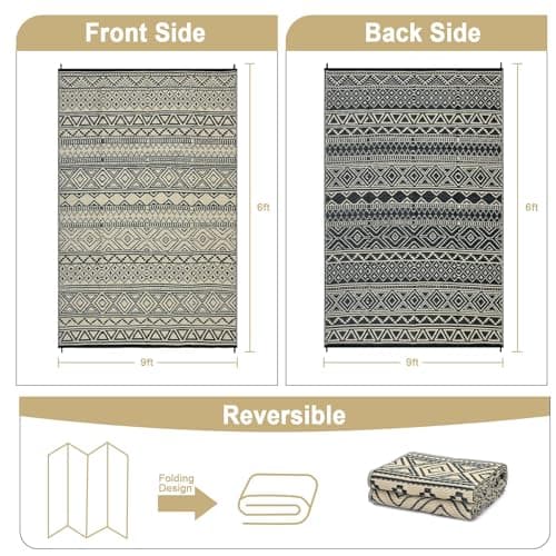 Garvee Waterproof Boho Outdoor Rug 9x12, Reversible Plastic Straw Rug for Picnic, Patio Camping Rugs, Large Foldable Outdoor Carpet for Balcony, Portable Deck Mat for RV Deck Backyard Beach