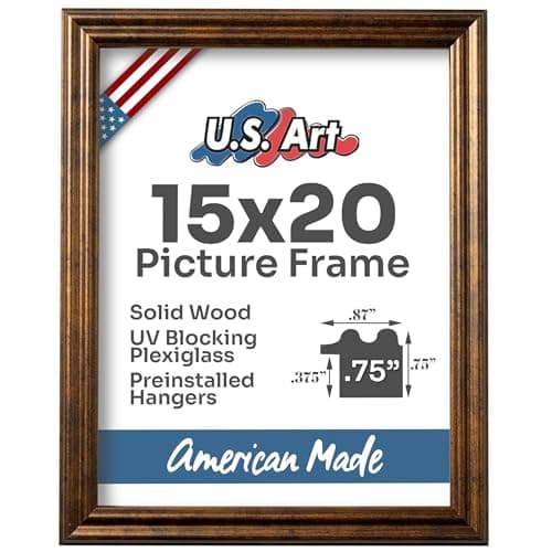 US Art Vintage Rustic Bronze 15x20 Picture Frame .75" Inch Wide - Farmhouse Decor for Wall Handmade Solid Wood Frames with Preinstalled Hangers and UV Blocking Plexiglass 20x15 Frame