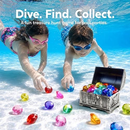 Sloosh Diving Gems Pool Toys,16 Big Colorful Diamond with Pirate Treasure Chest,Swim Dive Toy for Kids Underwater Gemstone Swimming Training Gift Water Toys Pool Games(Silver) — view 4