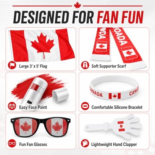 Canada Soccer Fan Gear Set - 6-Piece Red & White Supporter Kit: 3x5ft Flag, Scarf, Hand Clapper, Face Paint, Fan Glasses & Silicone Bracelet - Perfect for 2026 Match Day & National Celebrations