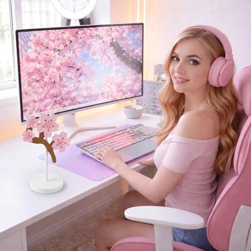 Yookeer Pink Cherry Headphone Stand Cute Headphone Stand Decorative Sakura Wood Desk Decor for Gamer Room Office Desk Gaming Gifts for Girlfriend Office Worker — view 4