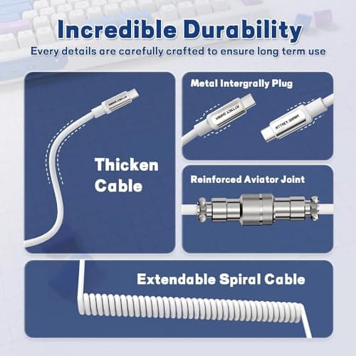 ATTACK SHARK CO4-C Coiled USB C Cable for Mechanical Keyboard with USB to USB C Adaptor, Type C to Type C, TPU Double Sleeved Spring Charging Cable with 5-Pin Metal Aviator Connector, 4.92ft Length — view 4