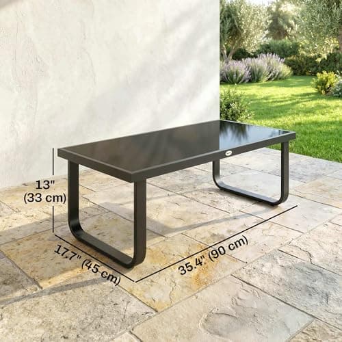 Outsunny Outdoor Patio Coffee Table, Rectangle Metal Side Table with Tempered Glass Tabletop, Adjustable Foot Pads for Deck, Balcony, Lawn, Black