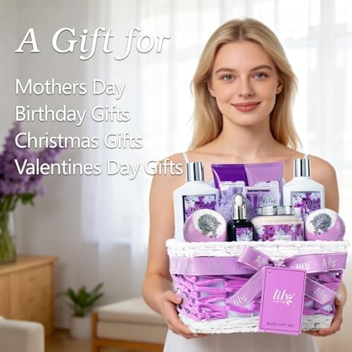 Gifts for Women, Birthday Gifts, Lavender Lilac Bath and Body Gift Basket Set - 16Piece Spa Gift Basket for Women, Mothers Day Gift Basket for Mom, Pampering Bath Set | Christmas, Perfect Holiday Gift for Her & Mom