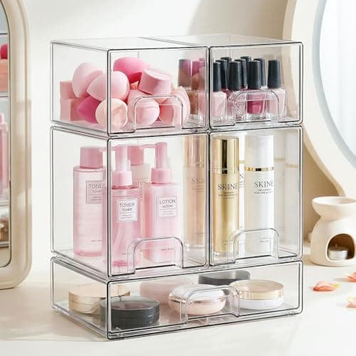 Clear Stackable Storage Drawers Organizer, Acrylic Drawer Cabinet Organizer Set for Beauty Supplies Baby bottle, Plastic Storage Drawer Bins for Vanity, Bathroom, Pantry, 5 Pack