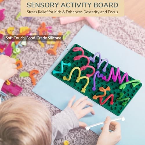Sensory Activity Board for Kids Boys Girls, Fidget Toys for Stress Anxiety Autistic ADHD, Calm Down Travel Airplane Essentials Toys for 3+ Year Old, Portable Travel Storage Box & 14 Strings