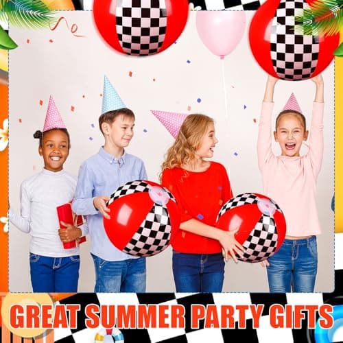 Hollowfly 4 Pack Black White Red Beach Balls 11.8" Checkered Flag Themed Inflatable Beach Ball Bulk Race Car Birthday Party Supplies for Summer Pool End of the Year Decoration Favor — view 4