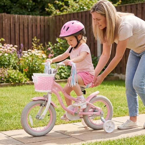 BABY JOY Kids Bike, 12" 14" 16" 18" Mermaid Girls Bike for 3-8 Years Old w/Basket, Training Wheels, Hand & Coaster Brakes, Adjustable Seat & Handlebar, Children Bicycle (Pink,12")