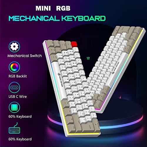 Mini Mechanical Gaming Keyboard Type-c Wired with PBT Dye-subbed Keycaps Rainbow RGB Backlit 60% Layout Full Anti-Ghosting 62 Key Ergonomic for Typist Laptop PC Mac Gamer (White Main/Red Switch)