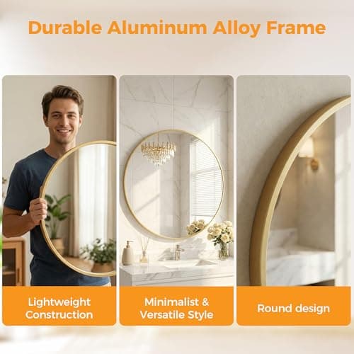Sweetcrispy Round Bathroom Mirror for Over Sink, 24 Inch Wall Mounted Vanity Mirror with Matte Metal Frame, Decor for Bathroom, Entryway, Bedroom, Gold — view 4