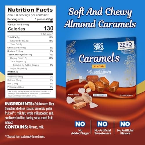 ChocZero Almond Caramels, Sugar Free Caramel Candy with Roasted Almonds, No Sugar Alcohols, Keto, Low Carb, High Fiber, 9 oz Box