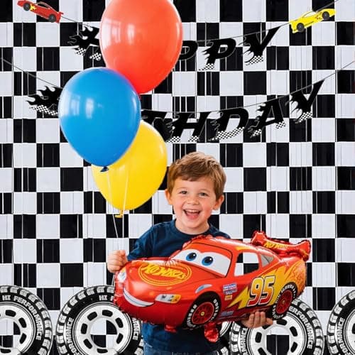 Race Car Foil Curtains 3.28x6.56ft - Vibrant Checkered Decor for Race Car Birthday Party Decorations & One Happy Dude Birthday Celebrations! - 2 Packs — view 4