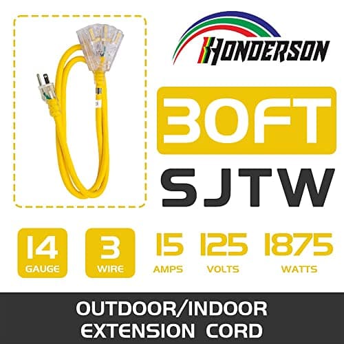 HONDERSON 3-Outlets Indoor Outdoor Extension Cord Weatherproof with Lighted End, UL Listed, 14 Gauge 30FT Yellow 3 Prong Heavy Duty Extension Cord Multiple Outlets, 14/3 SJTW 15A Extension Cord