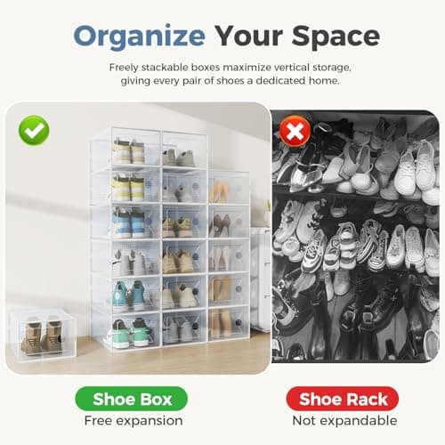 DUMOS Shoe Storage Boxes, 12-Pack Stackable Clear Shoe Containers with Lids, Display Sneaker Case Organizer for Closet, Under Bed, Entryway,White, Fit Size 11 — view 5