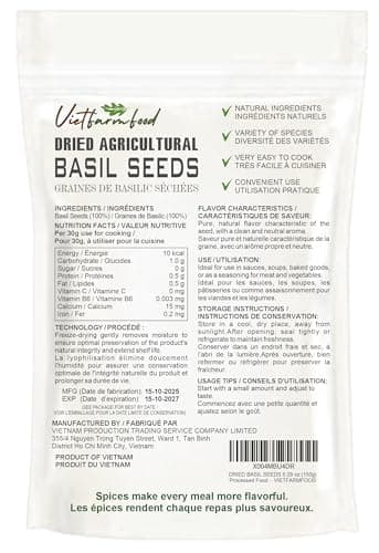 DRIED BASIL SEEDS 5.29 Oz (150g) VIETFARMFOOD: Dried agricultural products with pure natural flavor. Used as ingredients for cooking; toppings, drinks, nutritious dishes, suitable for vegetarians
