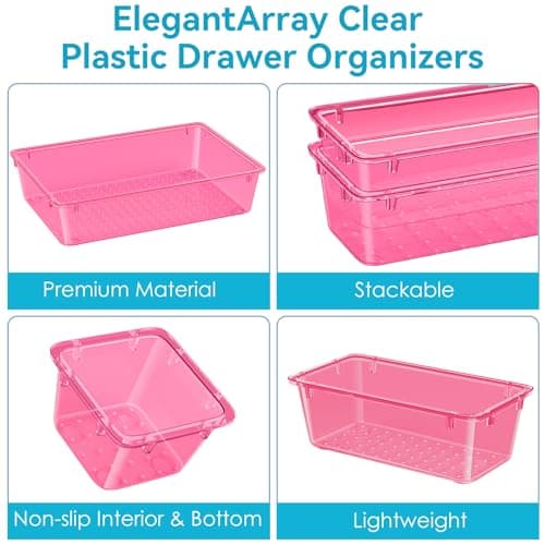 ElegantArray 12 PCS Drawer Organizer Set, 4 Sizes Tool Storage Trays, Clear Plastic Makeup Vanity Organizer and Storage Bins for Stationeries, Multiple Gadgets for Office, Bedroom, Pink — view 4