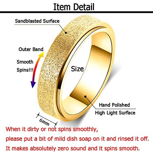 Fidget Ring Women Anxiety Spinner: Fidget Toys Adults Thumb Ring Stainless Steel Spinning Ring Rainbow Gold Black Silver Color (Gold-6mm, 8)