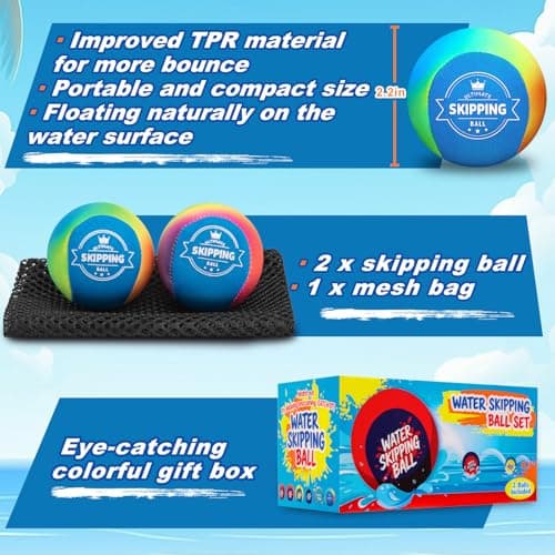Korlon Tec Skipping Water Balls for Pool, 2 Pack Splash Skip Ball Water Bouncing Ball with Mesh Bag, Summer Water Lake Beach Pool Toys for Kids Ages 4-8 8-12 and Adults Games (Rainbow) — view 2