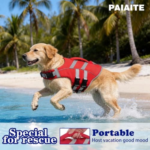 Paiaite Dog Life Jacket: Ripstop High Buoyancy Swimsuit with Reflective Stripes & Rescue Handle - Adjustable Preserver with Leash Hook for Swimming, Boating & Lake Activities for Dogs Red S