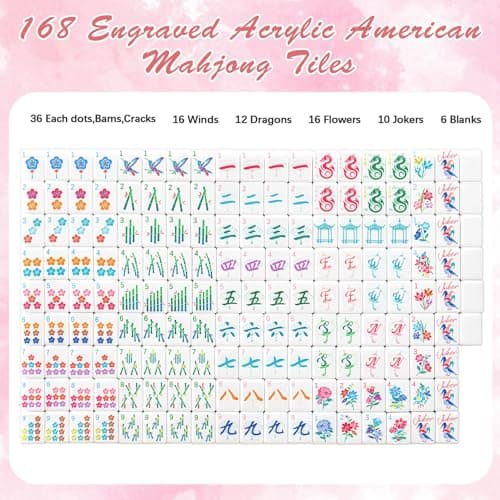 Soulchen 1.4 Inch Acrylic Pink American Mahjong Set 168 Blossom Numbered Tiles, Tiles Bag and Portable Case Classic Complete Mahjong Set for Adult Collection Gift