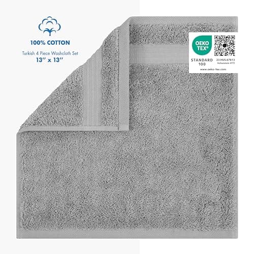 Cotton Paradise Washcloths for Bathroom, 13 x 13 Inch 100% Turkish Cotton Towels Soft Absorbent Luxury Washcloths, Small Hand Face Towels, Light Gray Washcloths