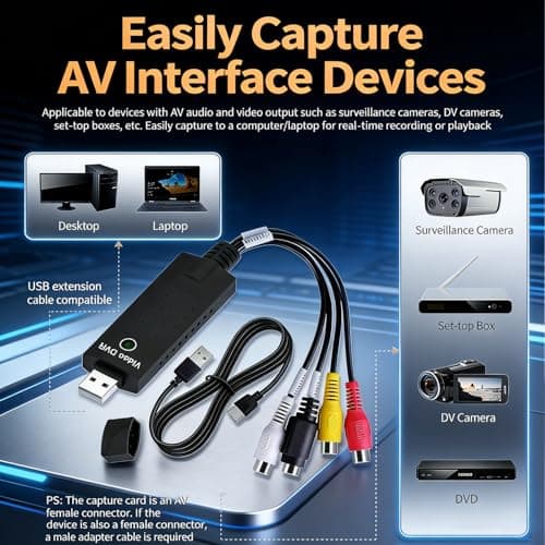 RCA to USB Video Capture Card,VHS to Digital Converter,USB 2.0 Video Capture Card,Convert VHS to Digital from VHS VCR Mini DV Hi8 DVD for MAC/PC