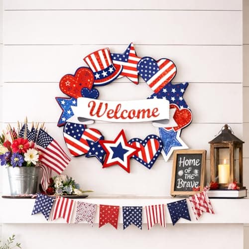 Wooden 4th of July Decorations Patriotic Wreaths for Front Door Independence Day Decorations Star Sign Welcome Memorial Day Hanging for Home Wall Decor Outdoor Indoor Red White and Blue Wreath — view 2