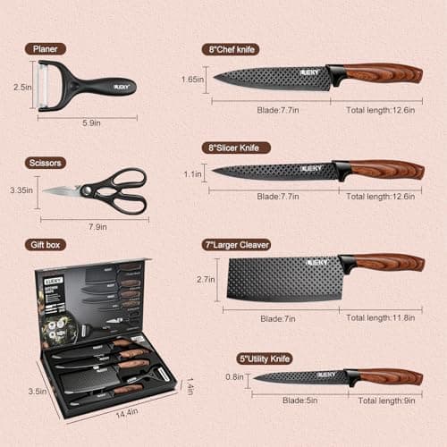 KEPEAK 6PCS Knife Set, Kitchen Knife Set with Nonstick Diamond Coating, High Carbon Stainless Steel Chef Knife Set with Cleaver and Scissors, Rustproof, Gift Box, for Home Kitchen, Chef Gifts
