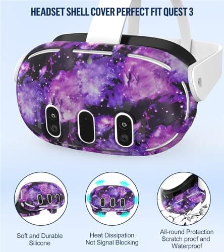 YRXVW Silicone Cover Set Compatible with Oculus/Meta Quest 3, Touch Controller Grips Cover, VR Shell Cover, Facial Interface Cover, Protective Lens Cover, Tempered Glass Lens Caps (Aurora Purple)