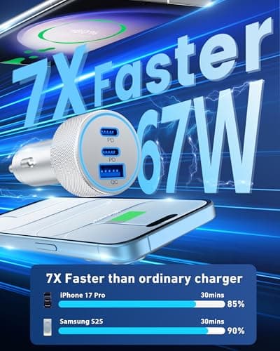 67W 3-Port Super Fast Type C Car Charger USB C for iPhone 17/Air/16/16e/15 Pro Max, Samsung Galaxy S25 S24 S23, Pixel, Android, Car Adapter Accessories for Men Women + 3FT USB-C Cable Silver