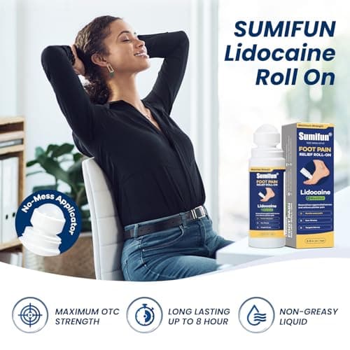 Sumifun Foot Pain Relief Lidocaine Roll-On - Maximum Strength OTC for Plantar Fasciitis & Heel Pain - Fast-Drying, Non-Greasy Formula, 2.5 Fl Oz (Blue, Medium(Pack of 1))