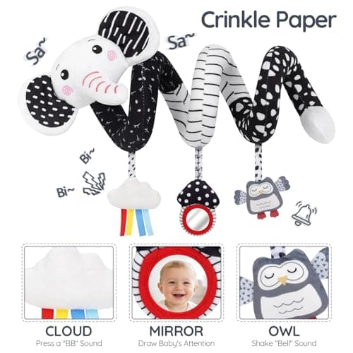 Joyreal High Contrast Baby Toys for Newborn, Black and White Baby Sensory Toys with Car Seat Toys,Infant Toys with Black White Cards Book, Montessori Toys for Baby Gifts (Elephant Theme)