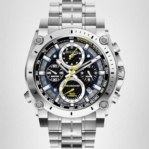 Bulova Men's Precisionist in Stainless Steel with 8-Hand Chronograph Watch, Blue and Yellow Accents, Black Dial Style: 96B175 — view 2