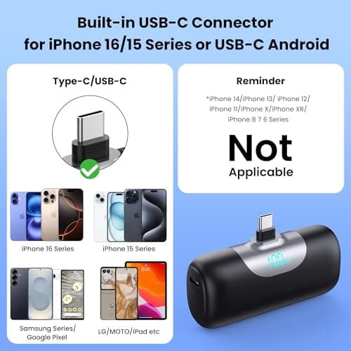 Mini Portable Charger for iPhone 17/16, 5500mAh LCD Display USB C Power Bank,Fast Phone Charging Travel Pocket Size Battery Pack for iPhone 17/17 Pro/17 Pro Max/Air/16/15 Series,Android,etc-Dark Black