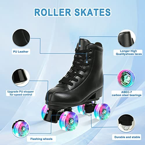Jessie Leather Roller Skates - Adjustable Four-Wheel Premium Skates for Women, Men, Boys & Girls (Flash Wheel, Women's 8/ Men's 6.5)