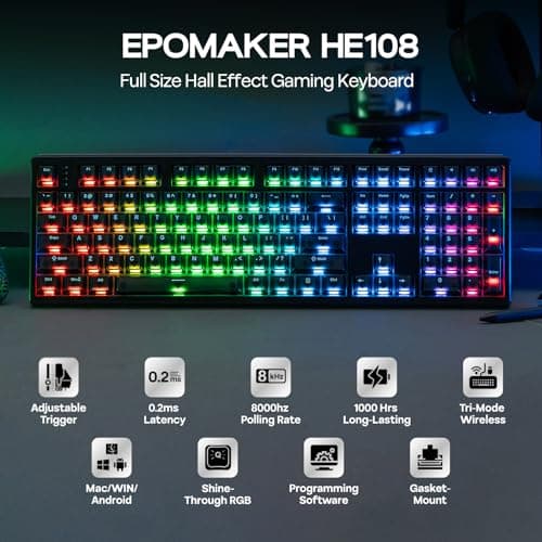 EPOMAKER HE108 Wireless Hall Effect Keyboard, 8K Polling & 0.125ms, SOCD & Snap Key, 10000mAh, Adjustable Trigger, Shine Through Keycap&RGB, Thocky Gasket, Custom Software, Gaming Keyboard (Black)