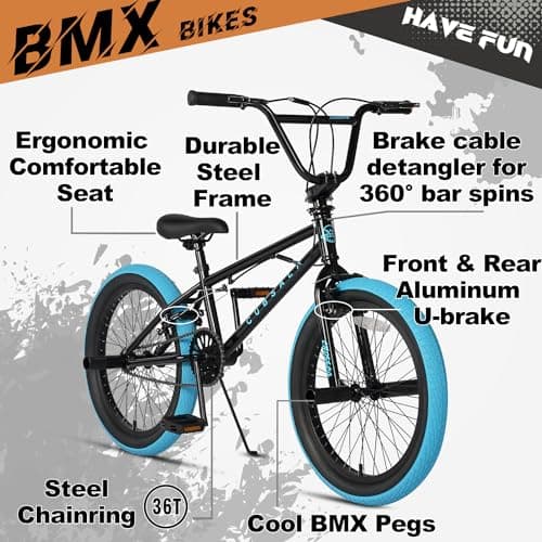 cubsala Freestyle BMX Bike, 20 Inch Kids Bicycle with 4 Pegs, Dual Hand Brake and Gyro for 6 7 8 9 10 11 12 13 14 Years Old Kids and Beginner Level Rider, Black with Blue Tires