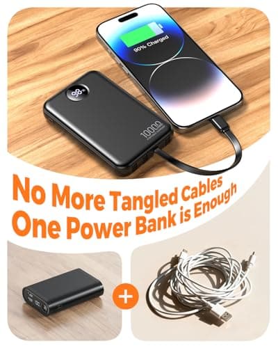 Zmmyuluo Portable Charger with 4 Built-in Cables Power Bank 40% Smaller 10000mAh Fast Charging Battery Pack,LED Display Compact with Multiple USB Ports Travel Charger for iPhone Other Devices-Black