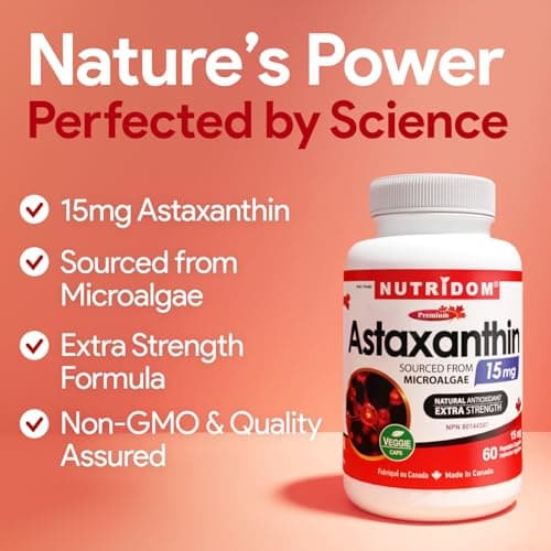 Nutridom Astaxanthin 15mg | Source of Antioxidant | Sourced from Microalgae | Vegan, Non-GMO, Allergen-Free | Astaxanthin Supplement Canada | 60 Veggie Capsules