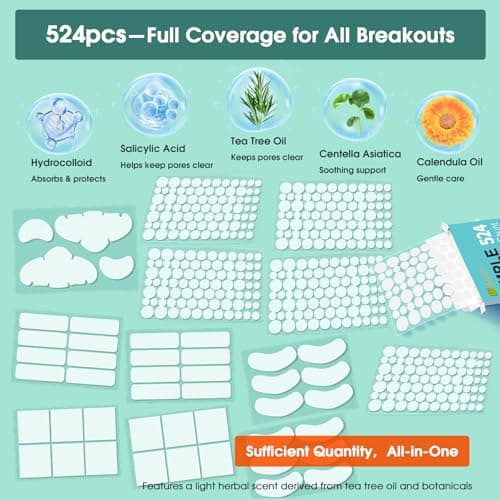 524 Pimple Patches for Face, Hydrocolloid Acne Patches for Large Breakouts & Clusters Coverage, Fast Absorbing with Salicylic Acid & Tea Tree Oil, 5 Shapes & 10 Sizes for Face, Nose & Body