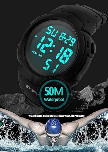 PASOY Unisex Simple Outdoor Sports Watch Big Dial Digital Light Swim Waterproof Rubber Band Alarm Black LED Watches for Mens and Women 50MM — view 4