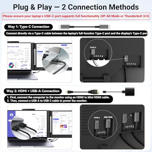 Laptop Screen Extender 14.1" 1080P IPS, Dual Screen Portable Monitor for Laptop 13-17.3", Plug & Play Monitor Extender with USB-C/HDMI, Travel Monitor for Work & Home Office Mac/Windows/Chrome/Android — view 2