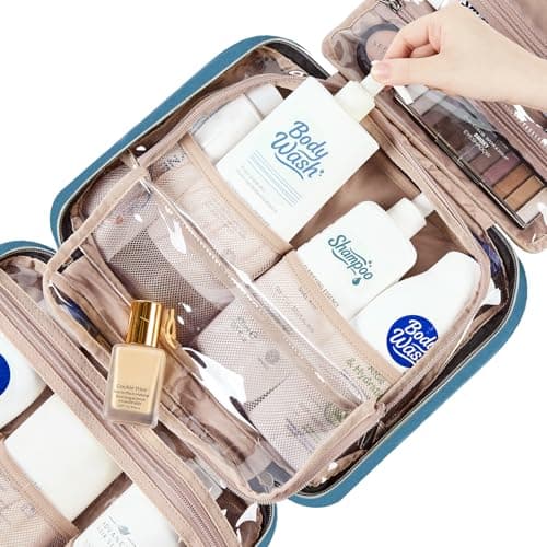 NISHEL Travel Toiletry Bag for women, Portable Hanging Organizer for Full-Sized Shampoo, Conditioner, Brushes Set, Makeup Accessories, Large Size, Lake-Blue — view 4