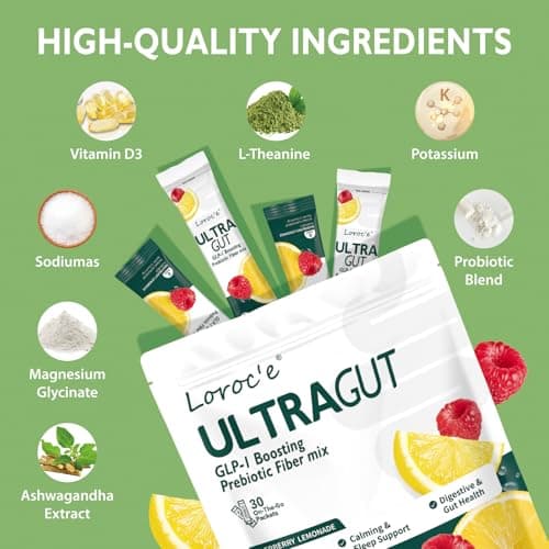 UltraGut GLP-1 Booster Fiber Mix Drink, Cortisol Reducer & Sleep Aid, for Weight Loss & Gut Health - with Prebiotics, Magnesium Glycinate, L-Theanine, Ashwagandha, Vitamin D, No Sugar, 30 Servings — view 5