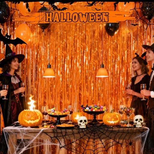 Crosize 2 Pack 3.3 x 9.9 ft Foil Fringe Streamer Backdrop, Orange — view 4
