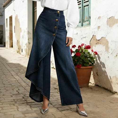 Wide Leg Jeans Woman High Waisted Asymmetrical Baggy Trendy Business Casual Denim Pant Button Ruffle Spring Outfits S-3XL Dark Blue