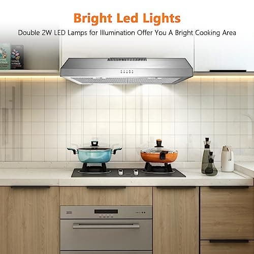 Upgraded 600 CFM Range Hood 30 inch, Under Cabinet Range Hood for Duct/Ductless Convertible, Stainless Steel Kitchen Stove Vent with 3 Speed Kitchen Exhaust Fan and Two Bright Energy-Saving LED — view 3