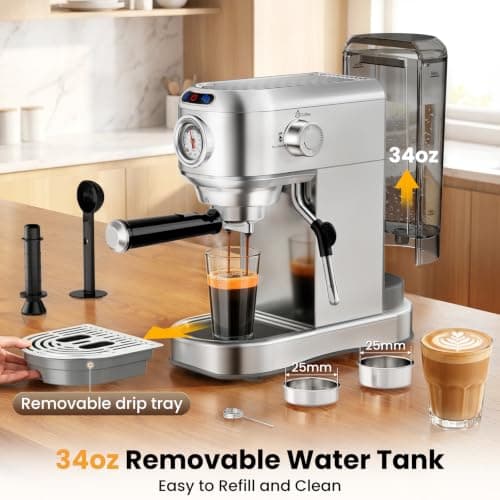 AERCANA Espresso Machine 20 Bar, Compact Espresso Coffee Machine with Milk Frother, Stainless Steel Coffee Maker with 34oz Removable Water Tank, Cappuccino Machine for Home, Office, Latte (Silver) — view 4