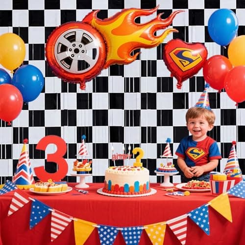 Race Car Foil Curtains 3.28x6.56ft - Vibrant Checkered Decor for Race Car Birthday Party Decorations & One Happy Dude Birthday Celebrations! - 2 Packs — view 3
