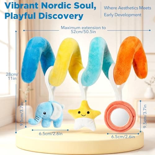 URMYWO Spiral Car Seat Baby Toys 0-6 Months, Nordic Style Sensory Toy for Newborn, Infant Hanging Stroller Toys with Rattle & 3D Crinkle, Squeaker, Mirror, Baby Shower Gift Essentials